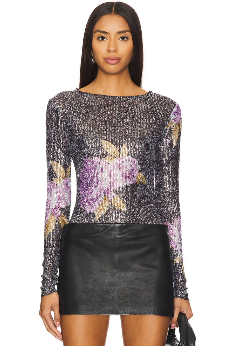 Free People Printed Gold Rush Sequin Top Long Sleeve Amethyst Combo XS NWT